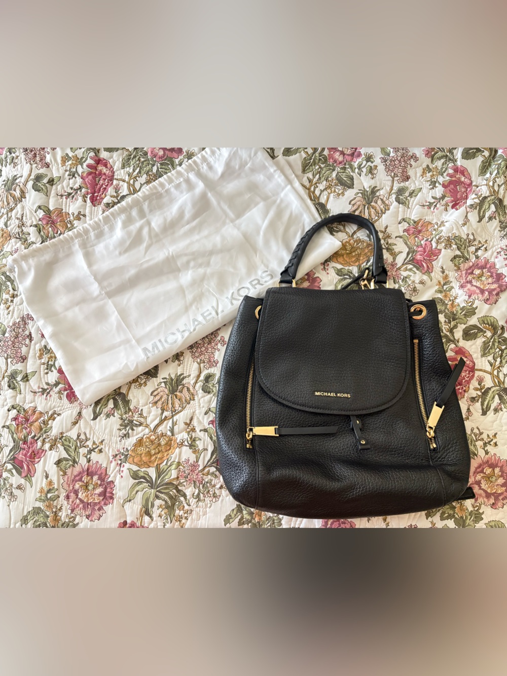 Michael Kors Black Pebbled Leather Drawstring Backpack with Gold Hardware